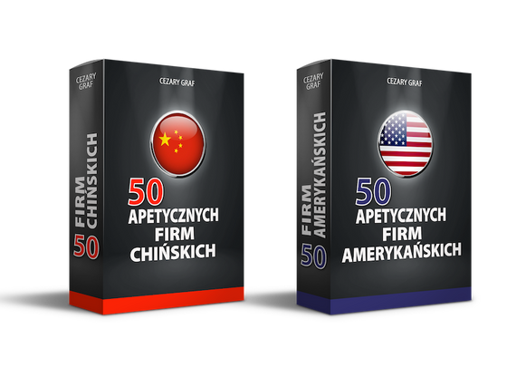 Pakiet USA + CHINY Cezary Graf
Pakiet zawiera 2 przeglądy: 
- 50 apetycznych firm chińskich 
- 50 apetycznych firm amerykańskich 